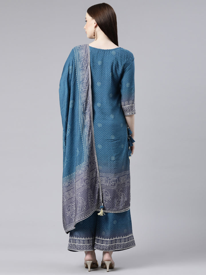 Neerus Green Regular Knee Length Printed Kurta Printed Palazzos With Dupatta