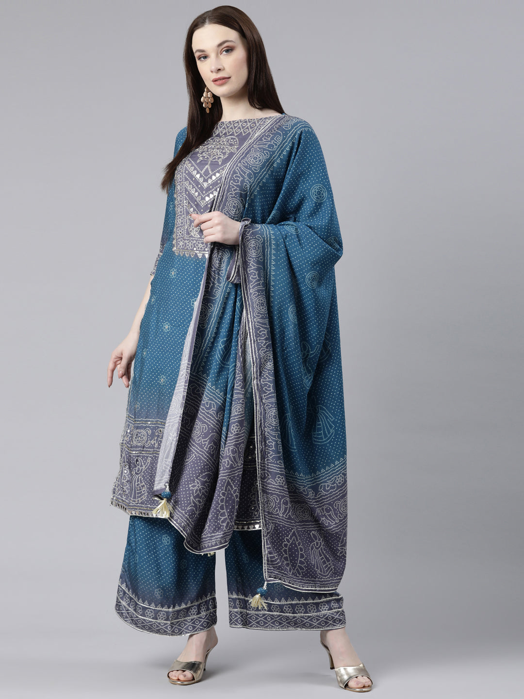 Neerus Green Regular Knee Length Printed Kurta Printed Palazzos With Dupatta