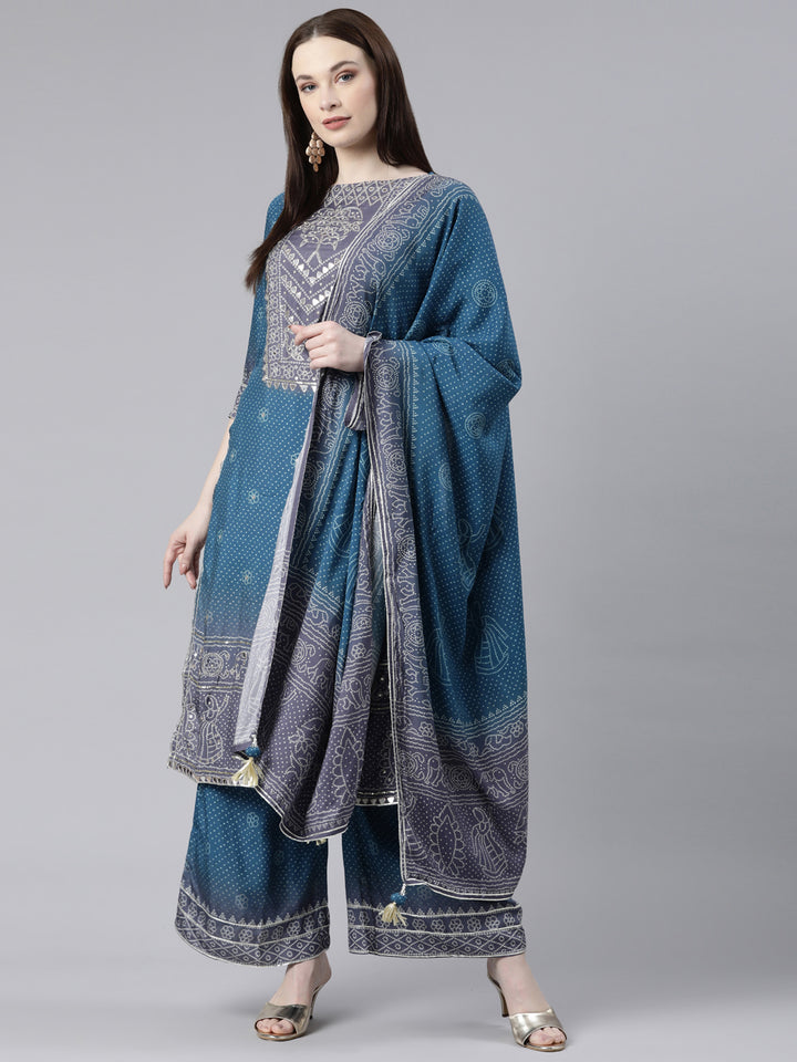 Neerus Green Regular Knee Length Printed Kurta Printed Palazzos With Dupatta