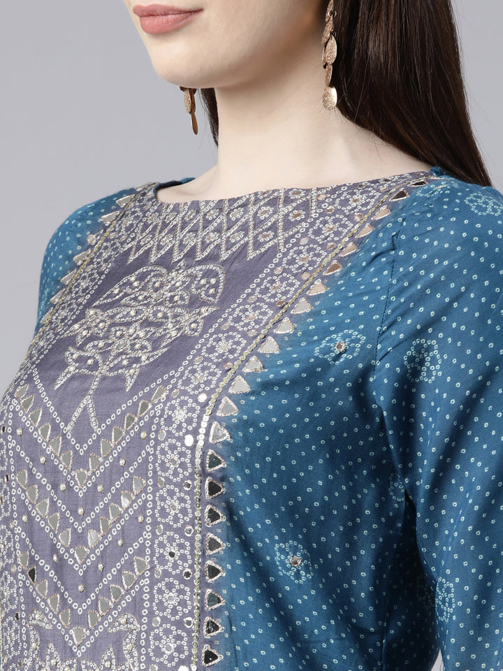 Neerus Green Regular Knee Length Printed Kurta Printed Palazzos With Dupatta
