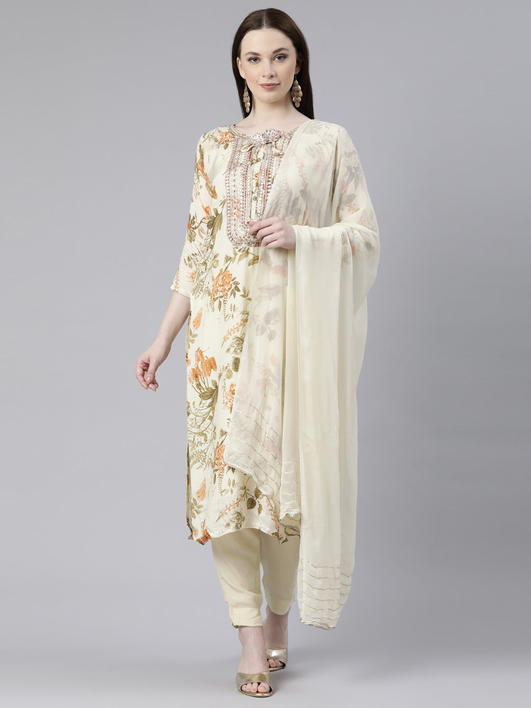 Neerus Cream Regular Knee Length Printed Kurta Solid Trousers With Dupatta