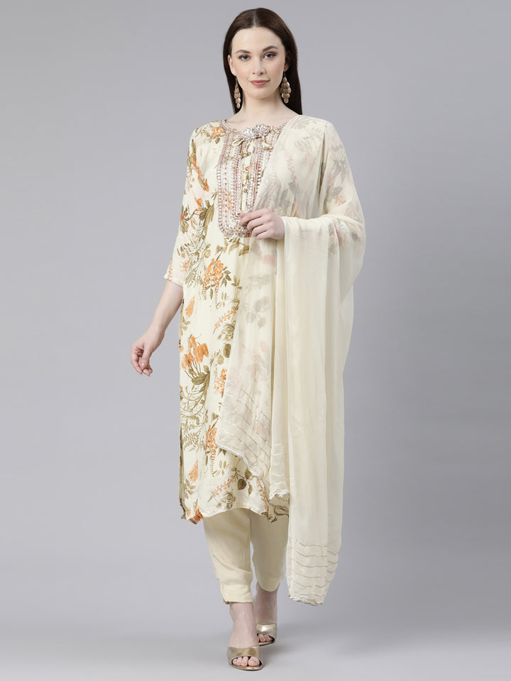 Neerus Cream Regular Knee Length Printed Kurta Solid Trousers With Dupatta