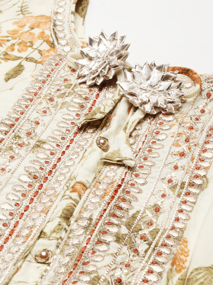 Neerus Cream Regular Knee Length Printed Kurta Solid Trousers With Dupatta