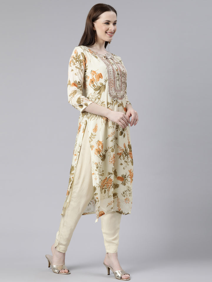 Neerus Cream Regular Knee Length Printed Kurta Solid Trousers With Dupatta