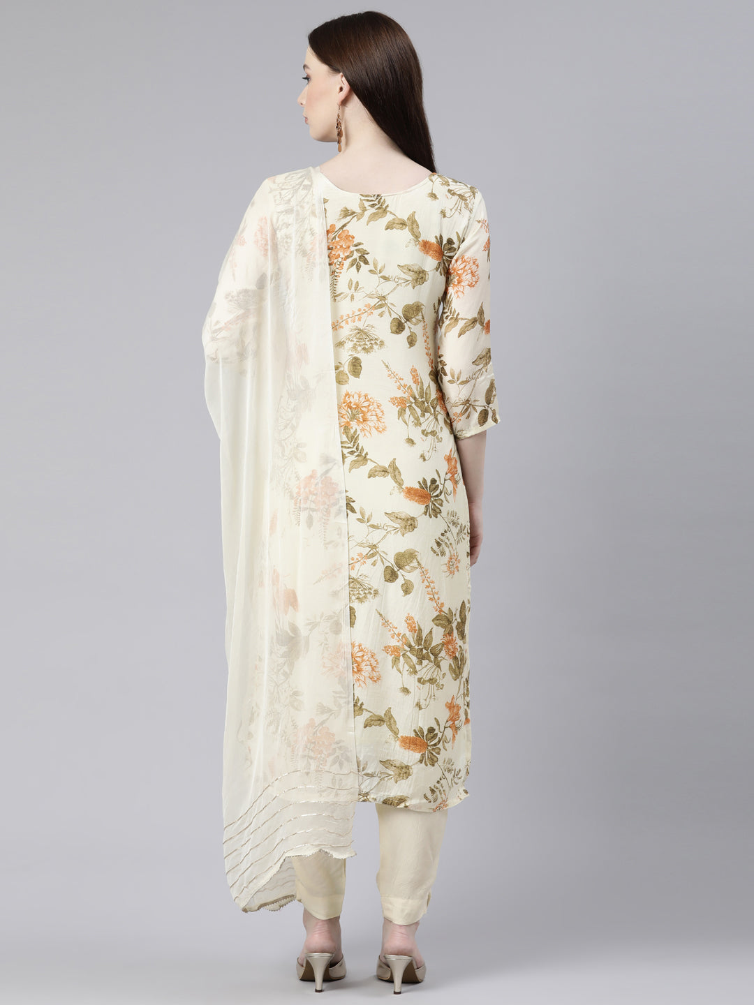 Neerus Cream Regular Knee Length Printed Kurta Solid Trousers With Dupatta