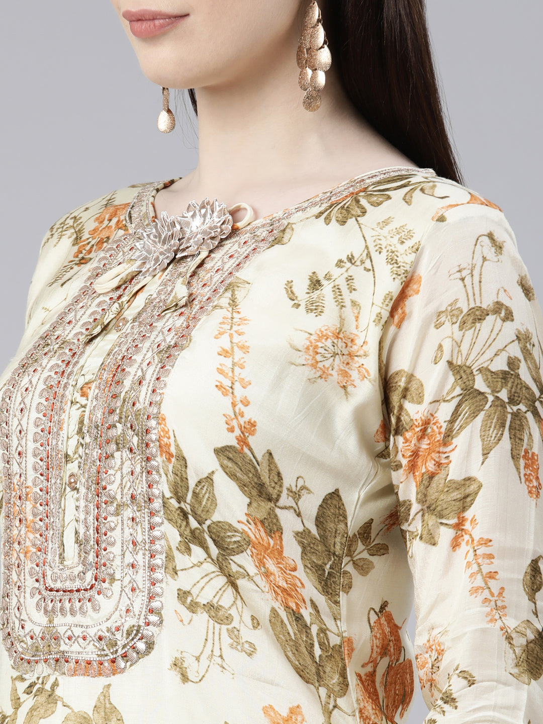 Neerus Cream Regular Knee Length Printed Kurta Solid Trousers With Dupatta