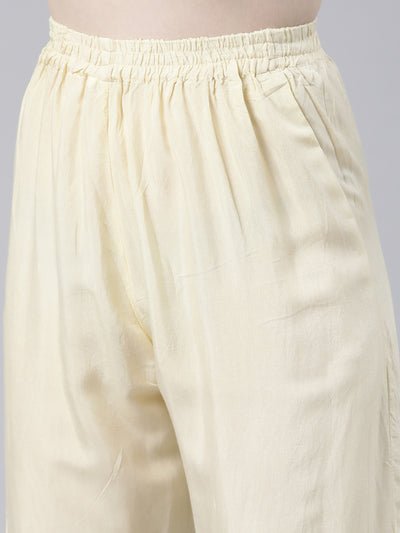 Neeru's Cream Regular Knee Length Printed Kurta Solid Trousers With Dupatta