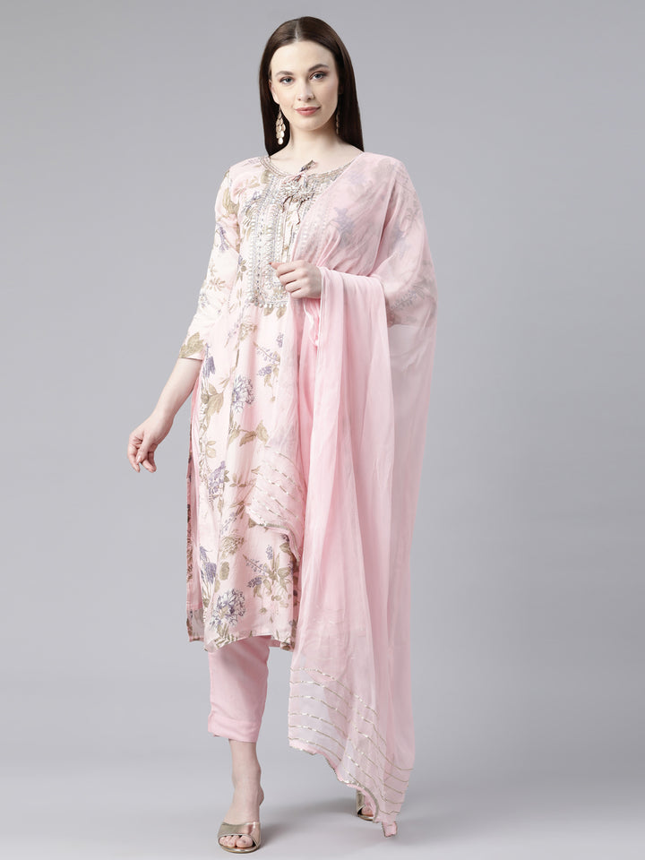 Neerus Orange printed kurta set with trouser and dupatta - front view