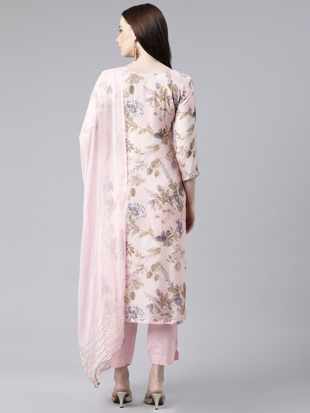 Neerus Orange printed kurta set with trouser and dupatta - side view