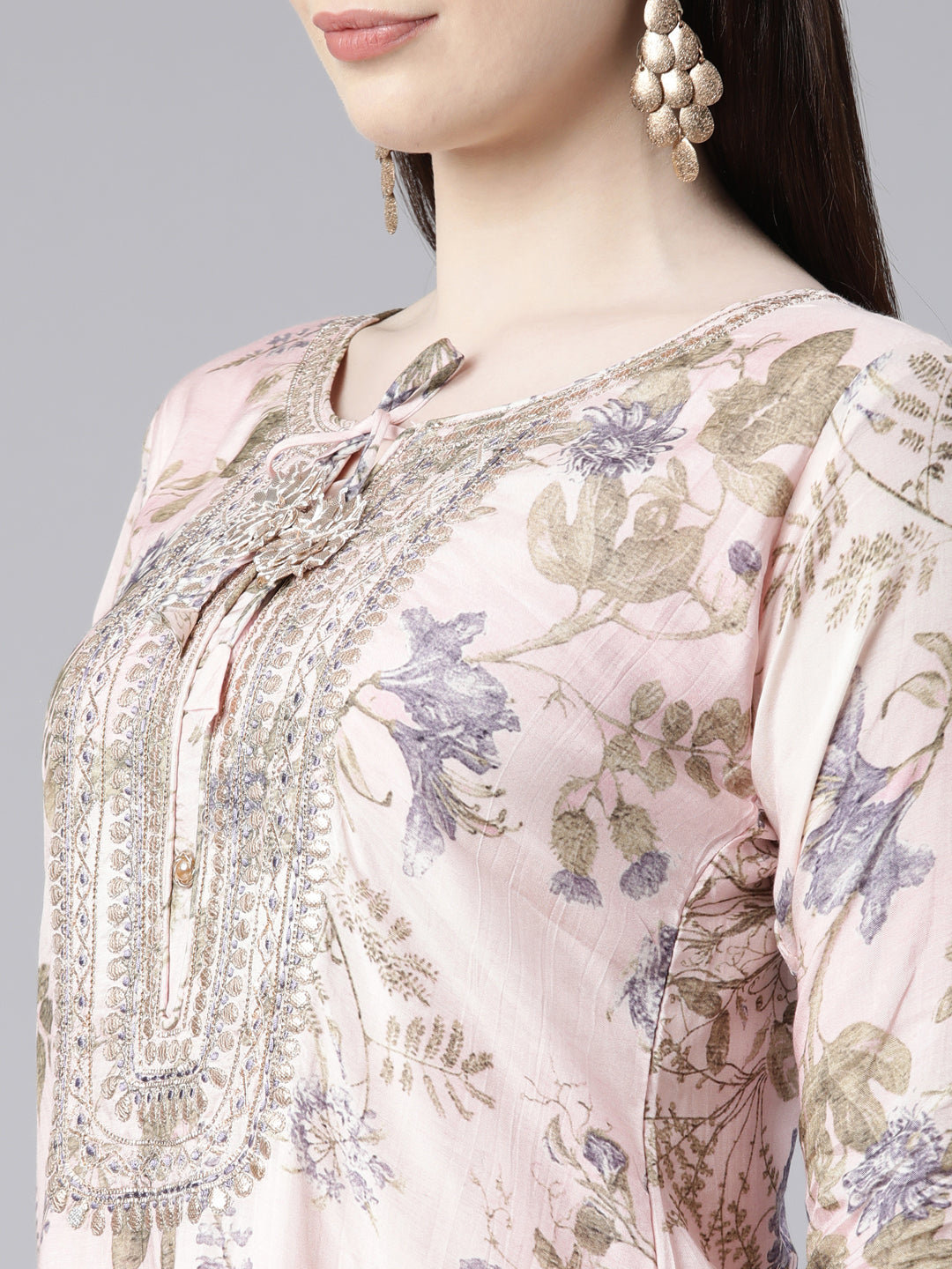 Neerus Orange printed kurta set with trouser and dupatta - detail view 1