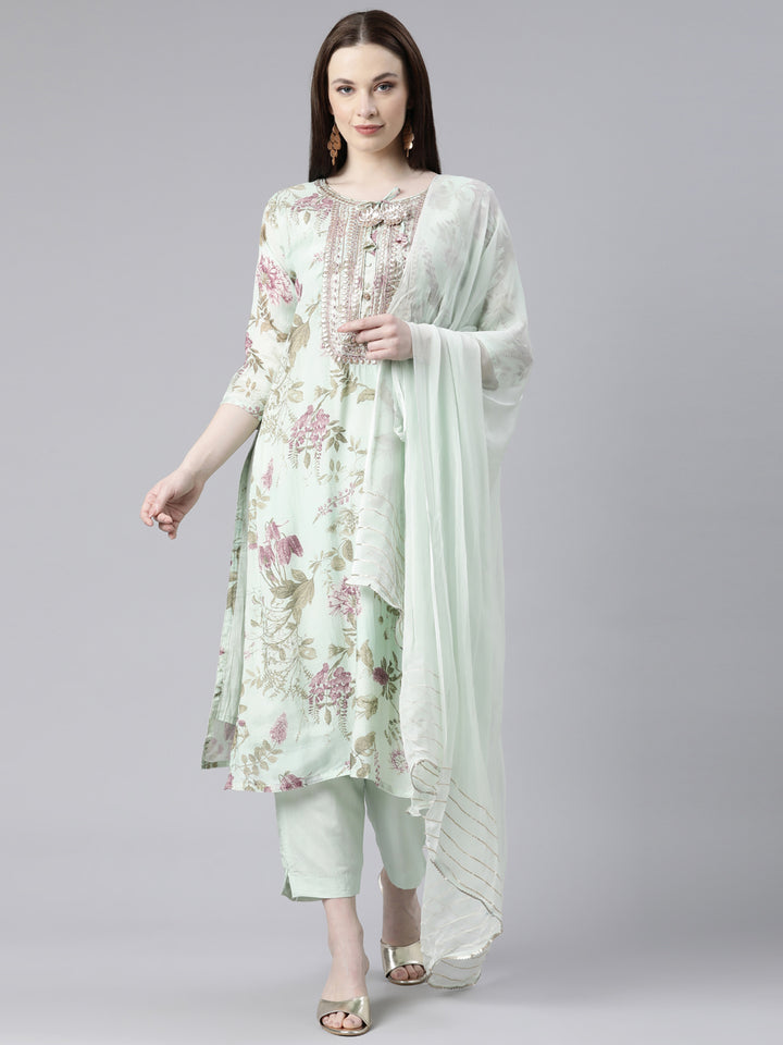 Neerus Green Regular Knee Length Printed Kurta Solid Trousers With Dupatta