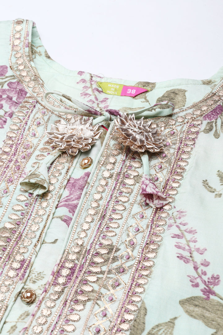 Neerus Green Regular Knee Length Printed Kurta Solid Trousers With Dupatta