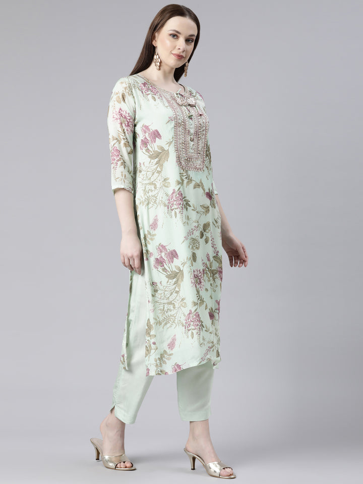 Neerus Green Regular Knee Length Printed Kurta Solid Trousers With Dupatta