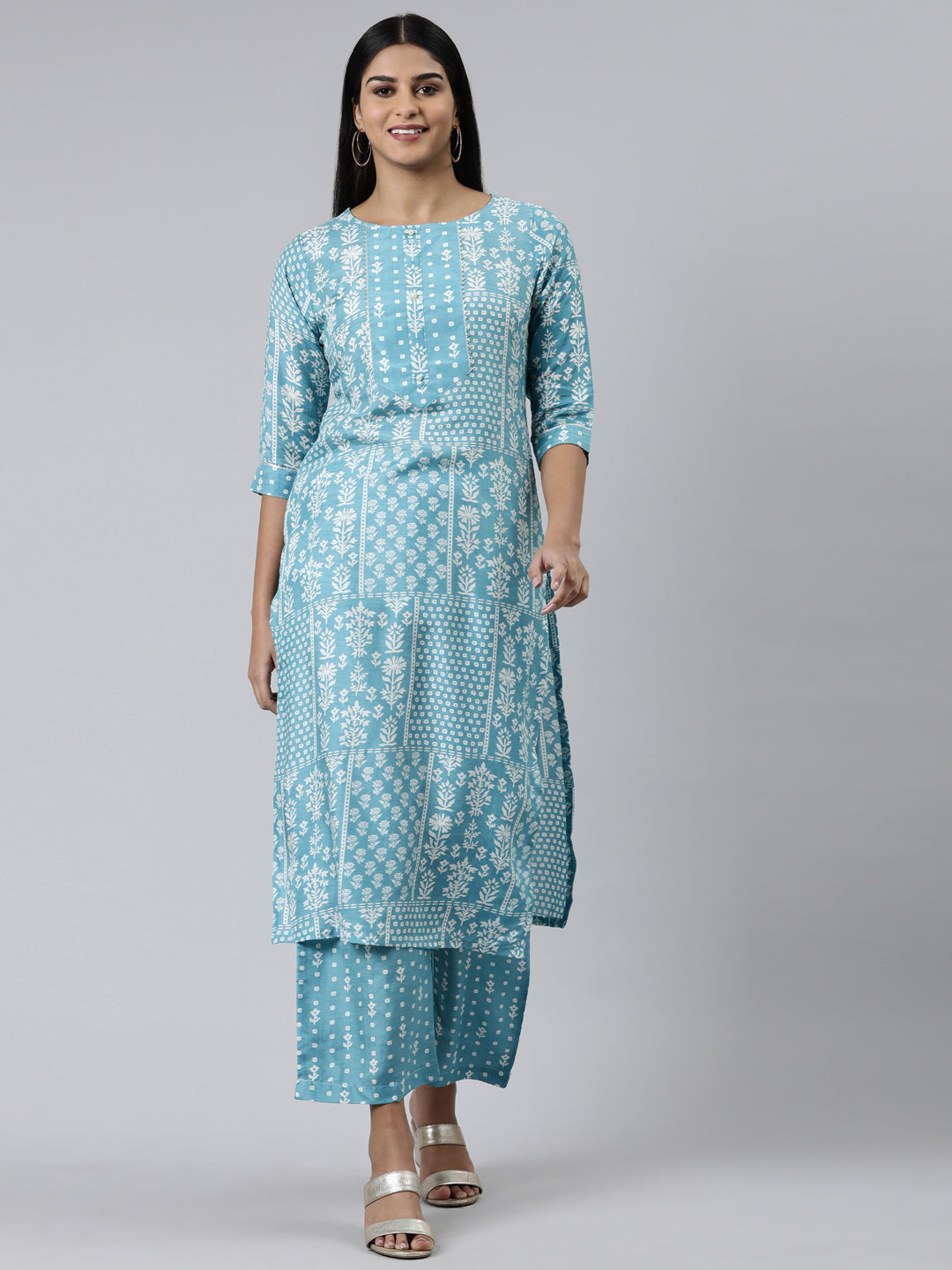 Neerus Blue Regular Calf Length Printed Kurta Printed Palazzos