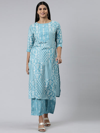 Neerus Blue Regular Calf Length Printed Kurta Printed Palazzos