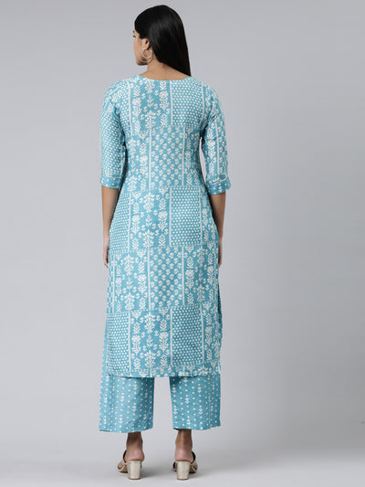 Neerus Blue Regular Calf Length Printed Kurta Printed Palazzos