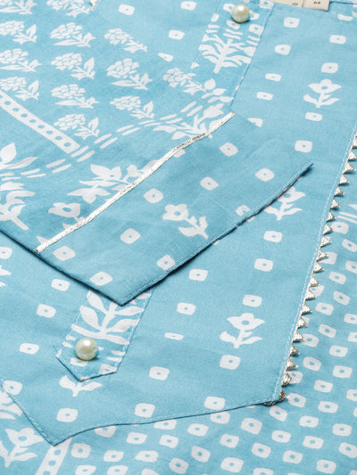 Neerus Blue Regular Calf Length Printed Kurta Printed Palazzos