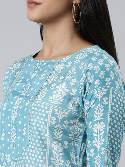 Neerus Blue Regular Calf Length Printed Kurta Printed Palazzos