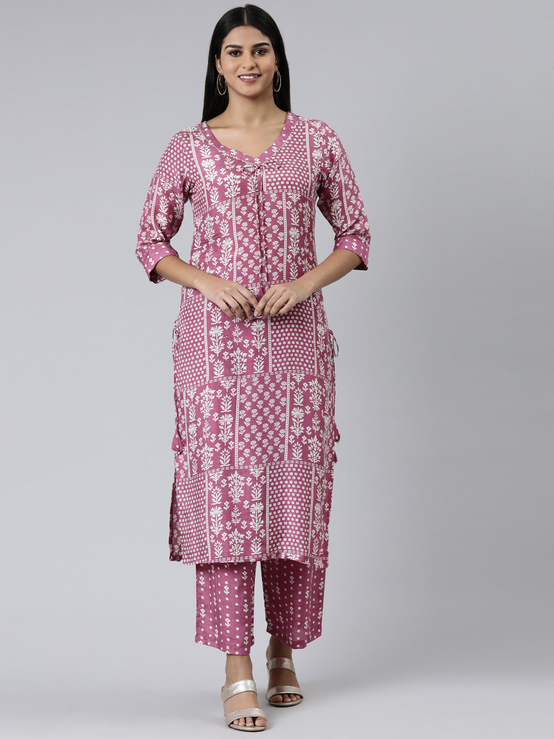 Neerus Purple viscose rayon printed kurta set with palazzo - front view