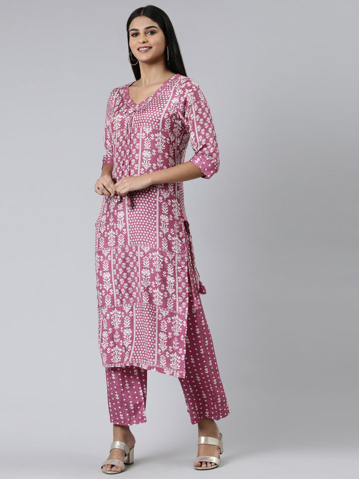 Neerus Purple viscose rayon printed kurta set with palazzo - back view