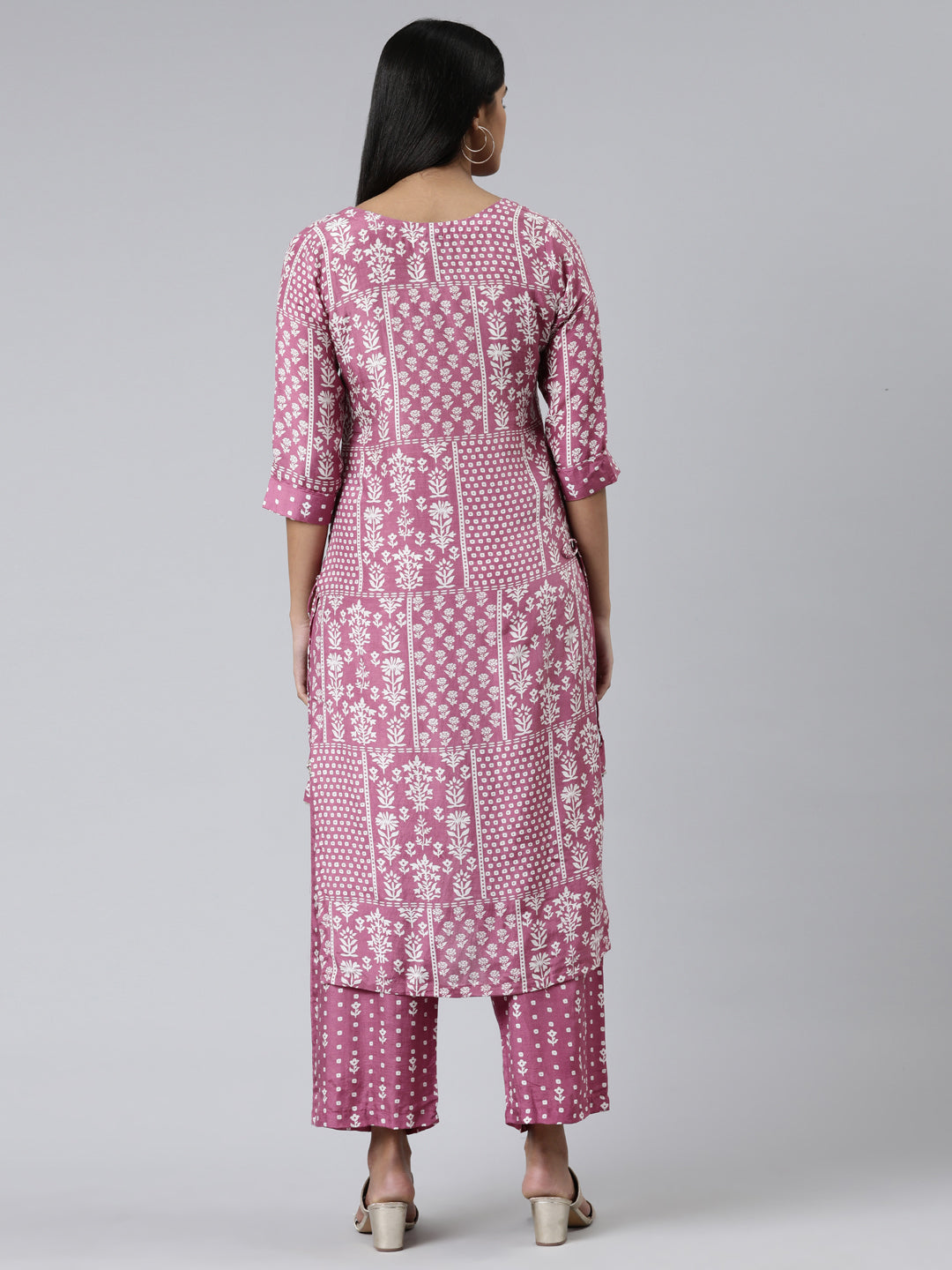 Neerus Purple viscose rayon printed kurta set with palazzo - side view