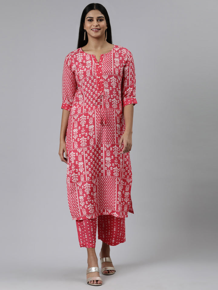 Neerus Pink viscose rayon printed kurta set - front view