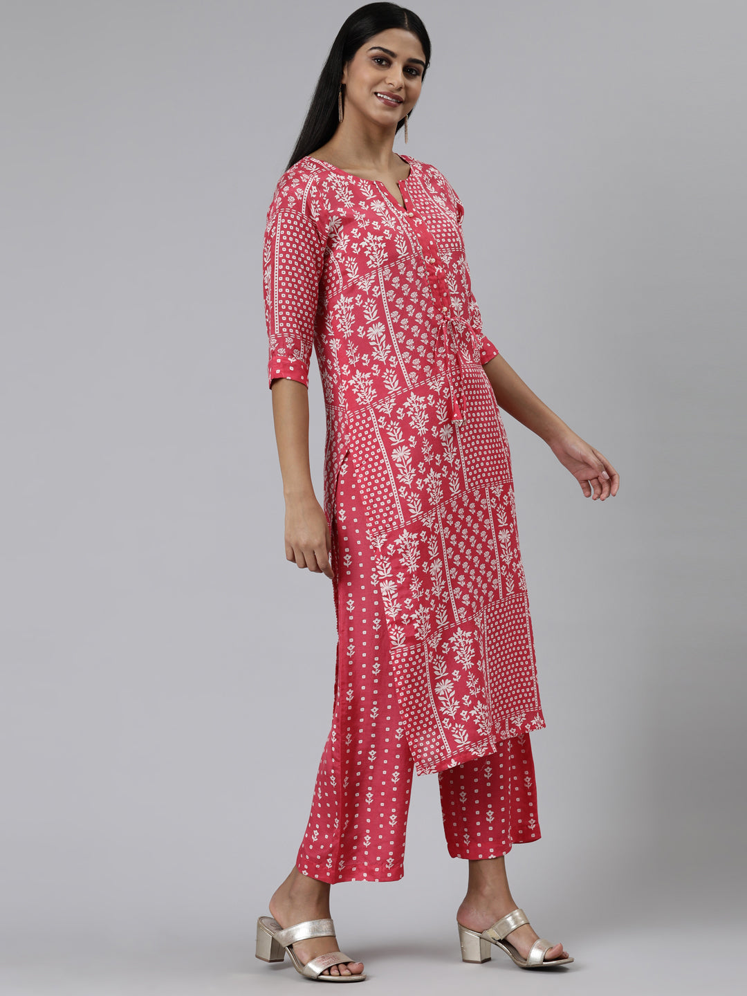 Neerus Pink viscose rayon printed kurta set - back view