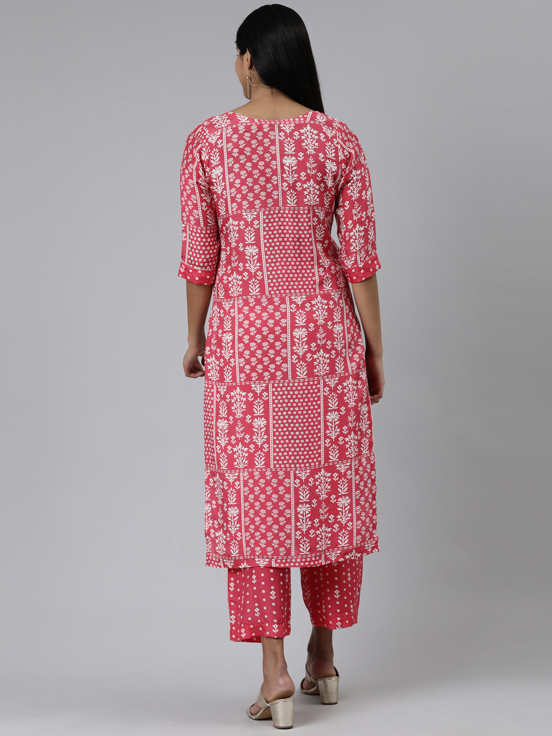 Neerus Pink viscose rayon printed kurta set - side view