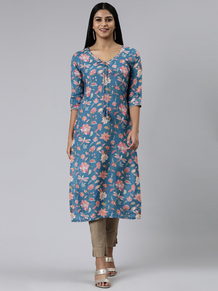 Neerus Blue cotton printed kurti straight silhouette - front view