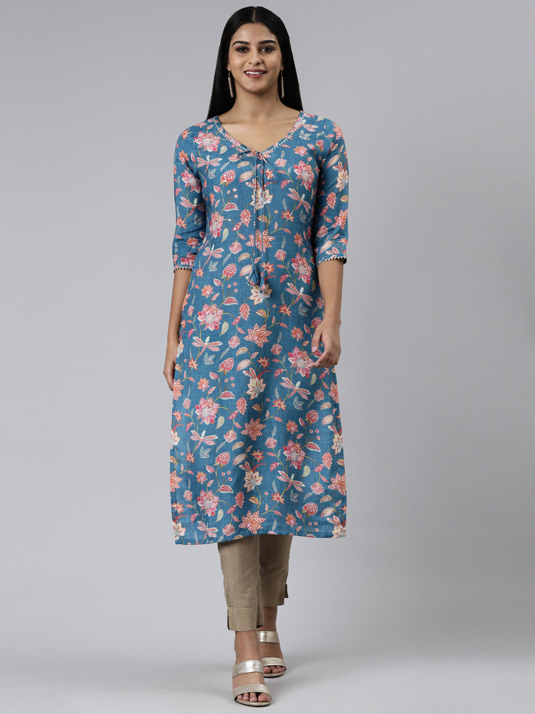 Neerus Blue Straight Printed Cotton Kurtas