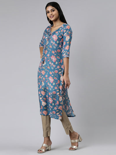 Neerus Blue Straight Printed Cotton Kurtas
