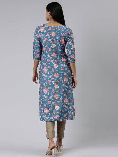Neerus Blue Straight Printed Cotton Kurtas