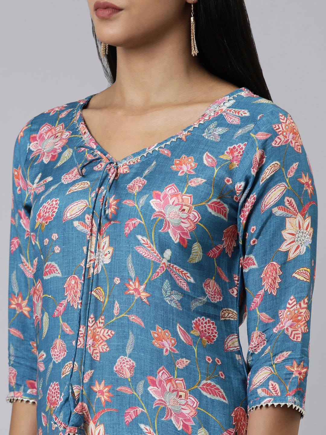 Neerus Blue Straight Printed Cotton Kurtas