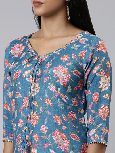Neerus Blue Straight Printed Cotton Kurtas