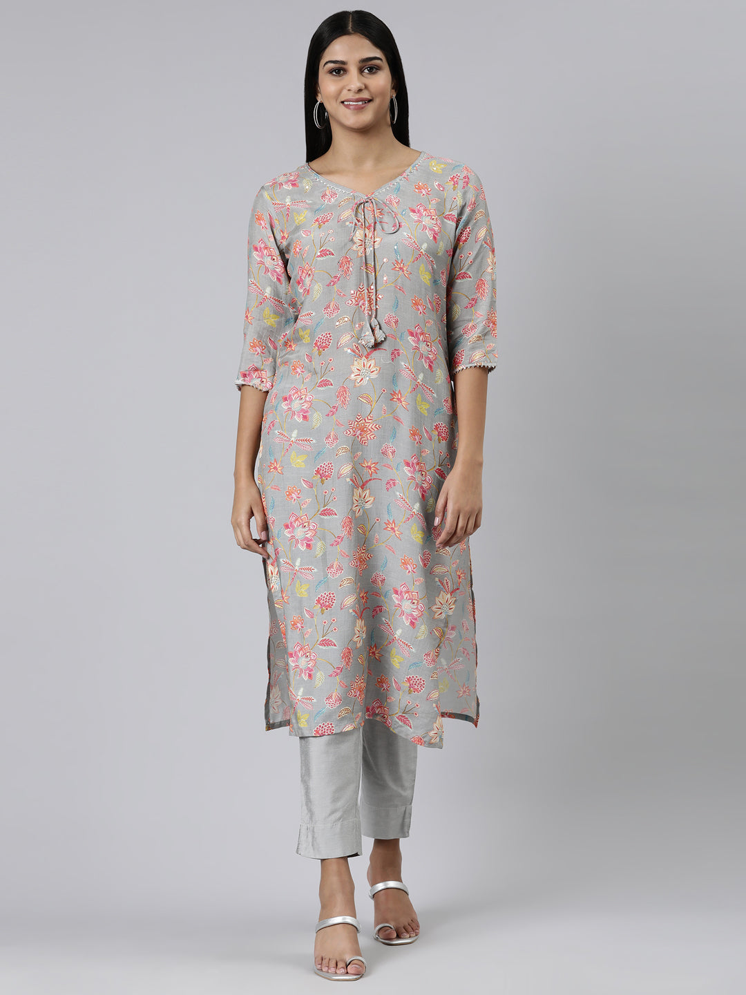 Neerus Grey Straight Printed Cotton Kurtas