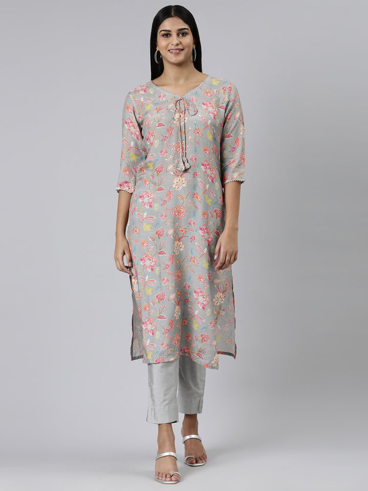 Neerus Grey Straight Printed Cotton Kurtas