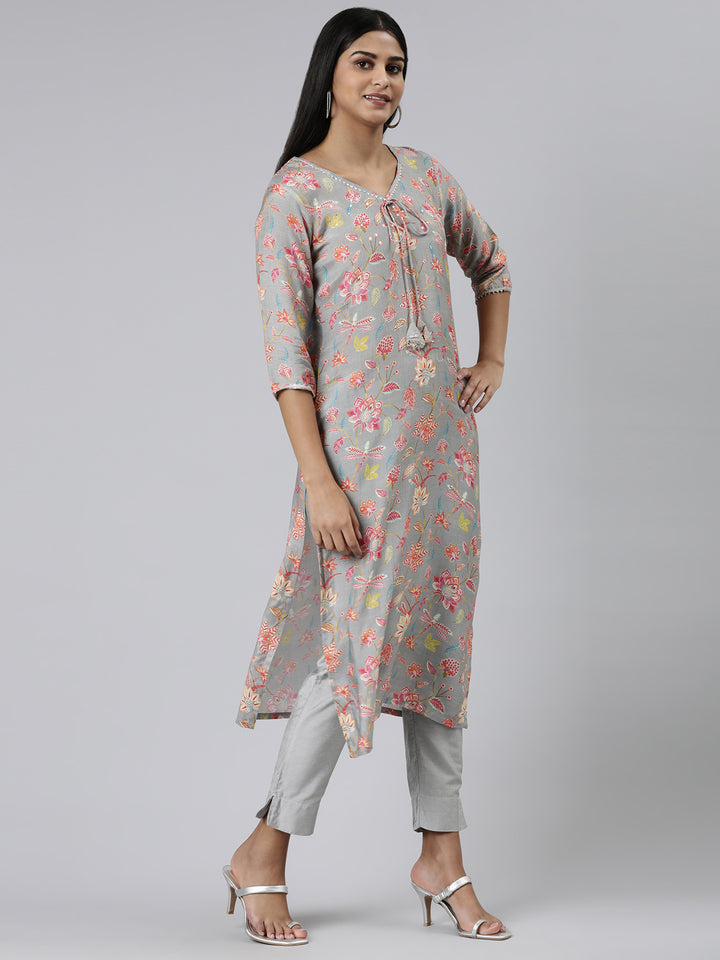 Neerus Grey Straight Printed Cotton Kurtas