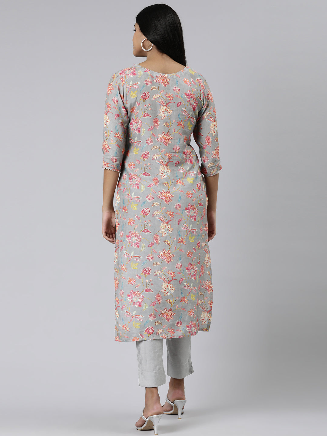 Neerus Grey Straight Printed Cotton Kurtas
