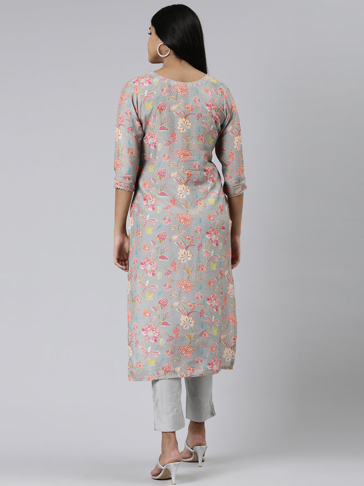 Neerus Grey Straight Printed Cotton Kurtas