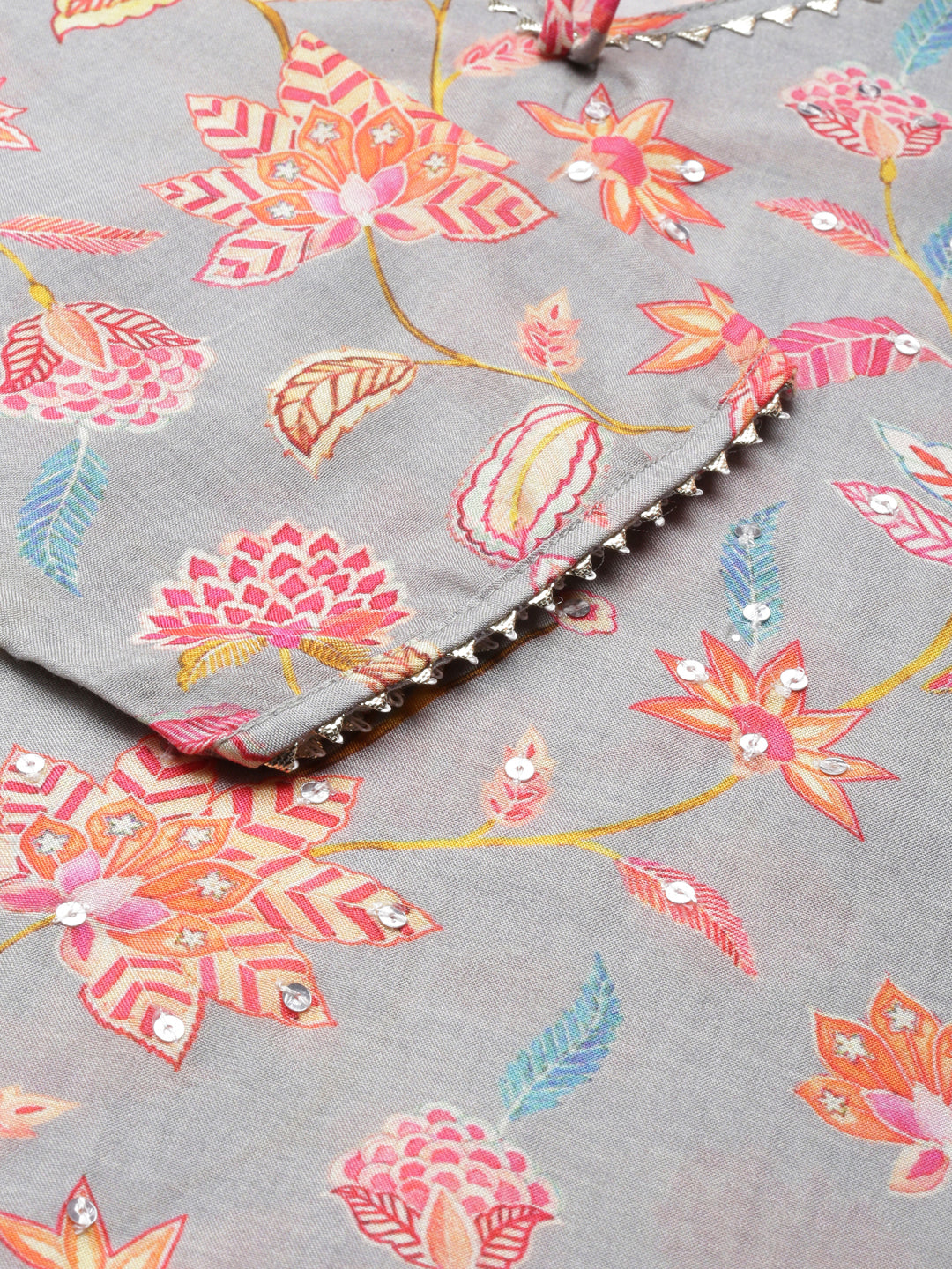 Neerus Grey Straight Printed Cotton Kurtas