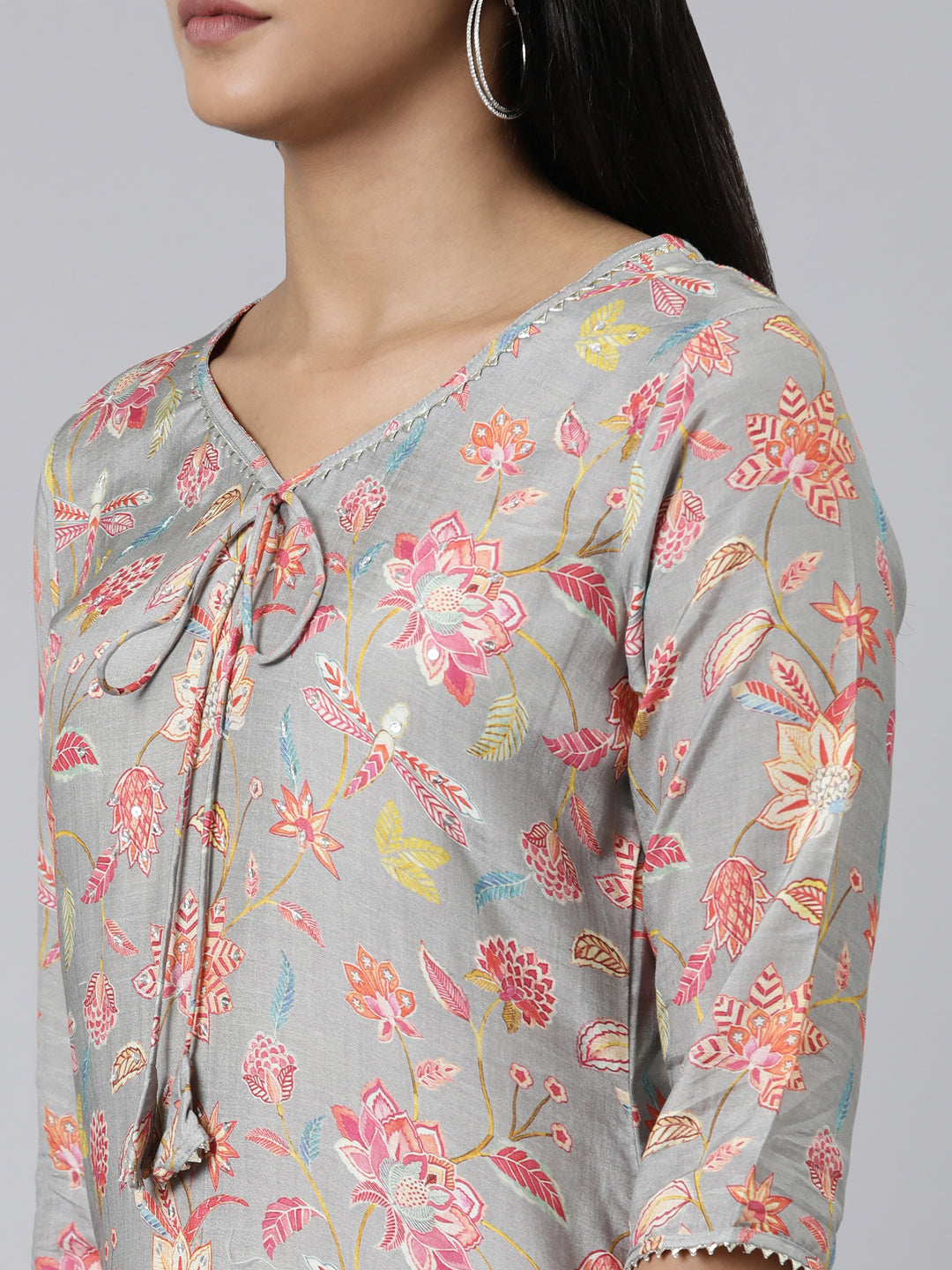 Neerus Grey Straight Printed Cotton Kurtas