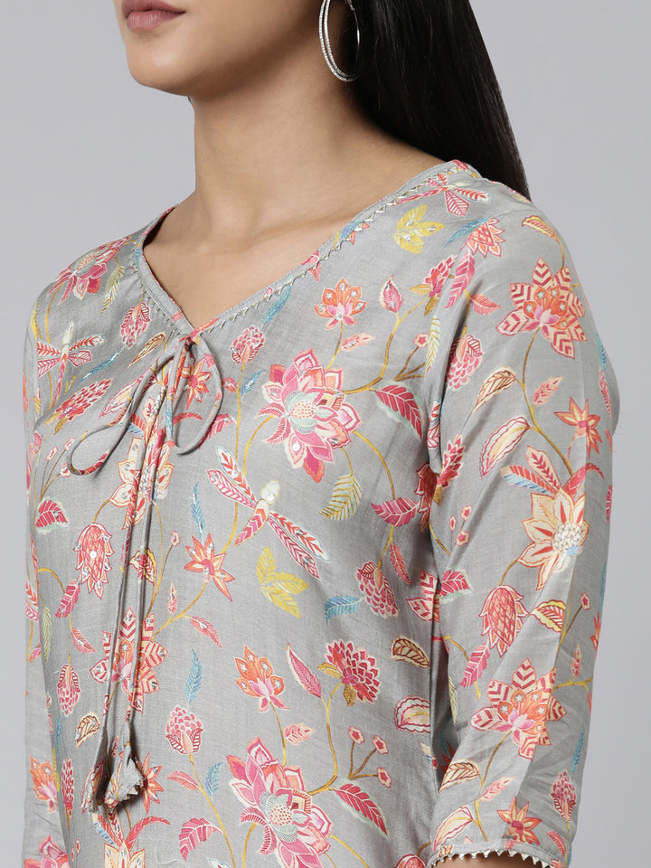 Neerus Grey Straight Printed Cotton Kurtas