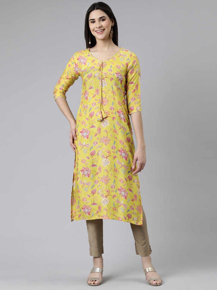 Neerus Yellow Straight Printed Cotton Silk Kurtas