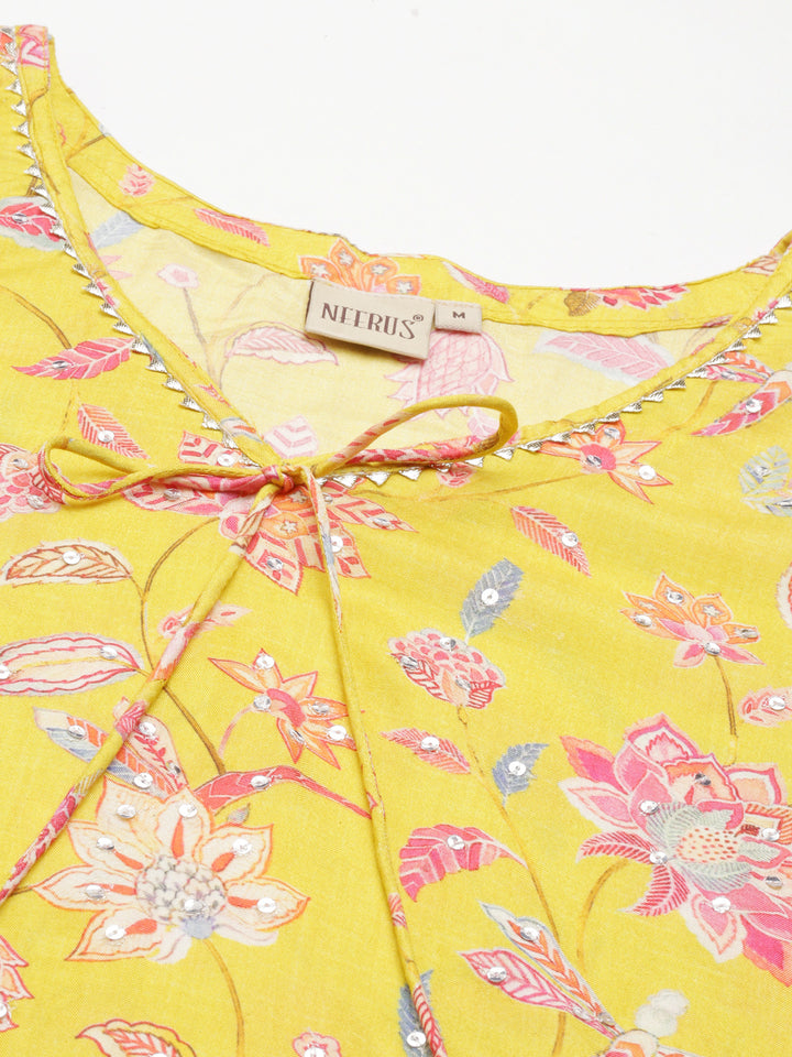 Neerus Yellow Straight Printed Cotton Silk Kurtas