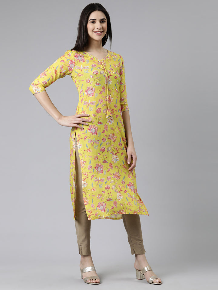 Neerus Yellow Straight Printed Cotton Silk Kurtas