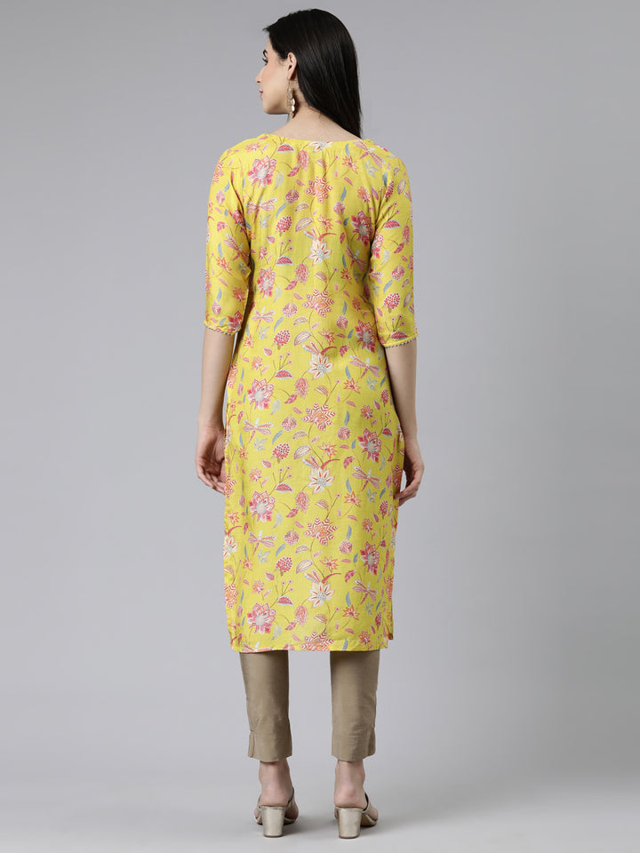 Neerus Yellow Straight Printed Cotton Silk Kurtas