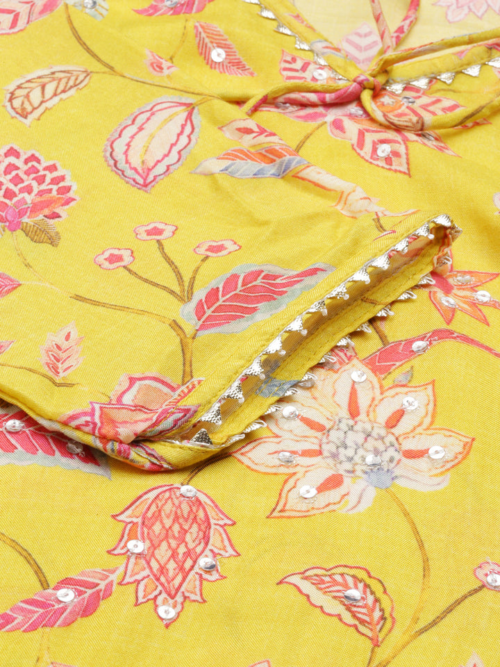 Neerus Yellow Straight Printed Cotton Silk Kurtas