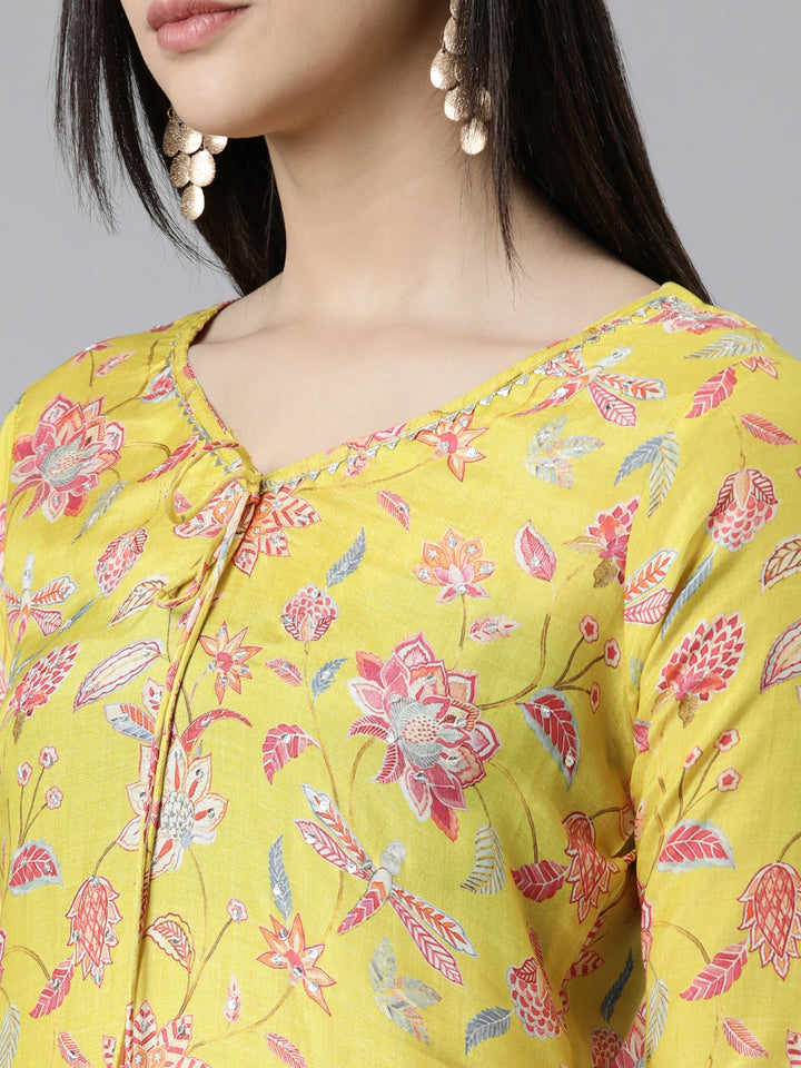 Neerus Yellow Straight Printed Cotton Silk Kurtas