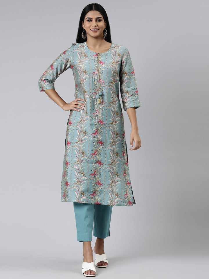 Neerus Green cotton printed kurta set with trousers - front view
