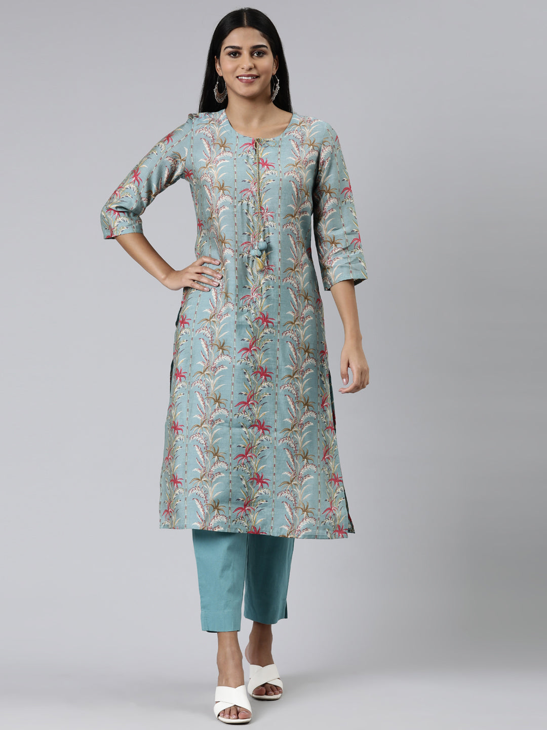 Neerus Green Regular Calf Length Printed Kurta Solid Trousers